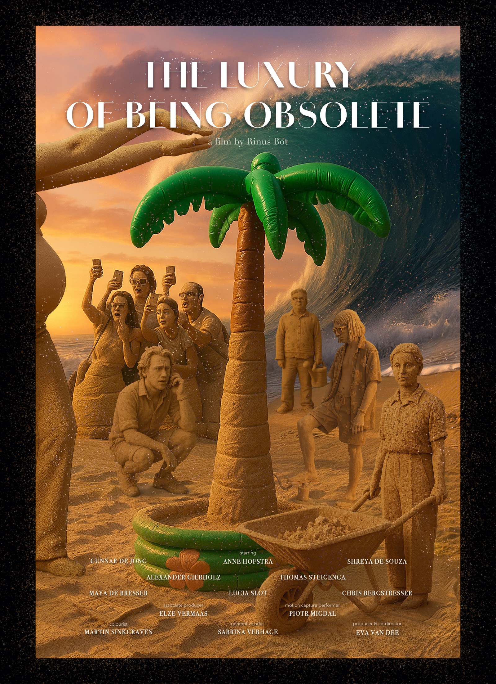 The Luxury of Being Obsolete poster: an inflatable palm amid figures turning into sand, beneath an immense wave.